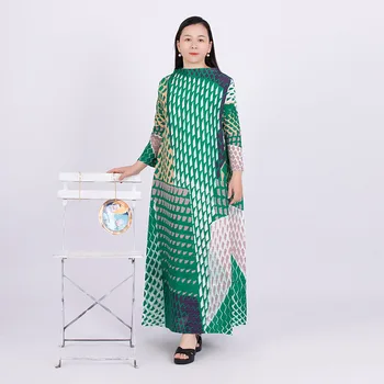 Новое плиссированное женское платье Miyake с контрастным цветовым принтом и длинным рукавом, Весна 2023