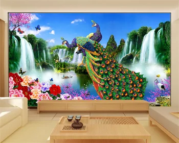Обои на заказ супер прозрачный пейзаж с павлином, пион, слива, водопад, фон для гостиной, картина для украшения стен