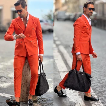 Оранжевые мужские костюмы, сшитые на заказ, 2 предмета, блейзер, брюки с заостренным лацканом, Двубортный приталенный крой в тонкую полоску, свадебный пошив на заказ, большие размеры