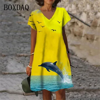 Пейзажи океана, Китов и птиц, женское платье с 3D-принтом, Повседневные свободные платья с V-образным вырезом и коротким рукавом, Летняя одежда Оверсайз 2023 года