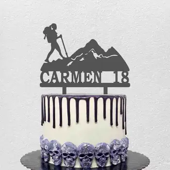 Персонализированный походный Топпер для торта Пользовательское имя Возраст Девушка Пеший туризм Силуэт Тема для пеших прогулок Украшение торта для вечеринки по случаю дня рождения