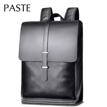 Простой мужской рюкзак из натуральной коровьей кожи, Бизнес-рюкзак для ноутбука с диагональю 15,6 дюйма, Школьная сумка для студентов Колледжа, Черный