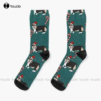 Рождественский Санта-Корги -зеленая собака, Собачьи носки для щенков Носки с Цифровой Печатью 360 °, Изготовленная На Заказ Подарочная Уличная Одежда, Забавный Носок Art