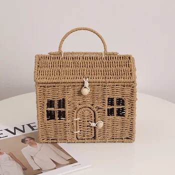 Ручная соломенная сумка в мультяшном домике, новый нишевый дизайн, ручная тканая сумка для хранения корзины