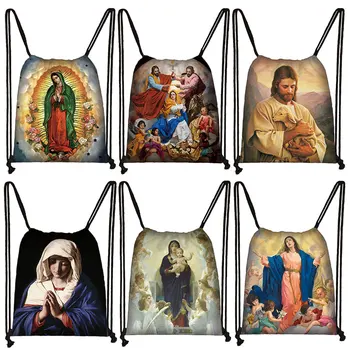 Рюкзак с принтом Богоматери Гваделупской, Девы Марии, женские сумки на шнурках, сумка для хранения через плечо для подростков, дорожная подставка для обуви