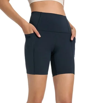 С логотипом, эластичные шорты для йоги в байкерском стиле с высокой талией, женские шорты для фитнеса с контролем живота, спортивные шорты для бега с боковым карманом