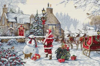 Санта-Клаус и Снеговик 64-46 Вышивка крестиком экологическими хлопковыми нитками Украшение дома Подвесная картина Подарок