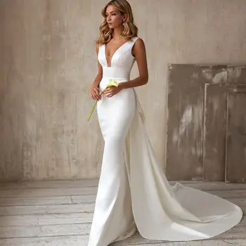 Современное свадебное платье с V-образным вырезом и бантом, простое вечернее платье русалки, изящные платья ручной работы