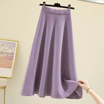 Французская вязаная юбка, Женская Осенняя новинка средней длины, Эластичная модная юбка с высокой талией, Свободная однотонная юбка с зонтиком большого размера 2023