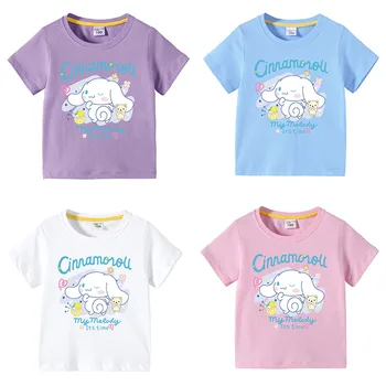 Футболка Sanrio Kawali Cinnamoroll, Детская одежда с коротким рукавом, хлопок, Мягкий дышащий Подарок для девочек, Игрушки на день рождения для детей