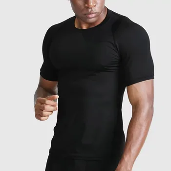 Футболка для бега, мужская одежда для фитнеса с коротким рукавом, черный спортивный топ, быстросохнущая футболка для бодибилдинга, спортивная одежда, черная рубашка для ММА.
