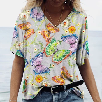 Цветочные футболки с 3D-принтом в виде бабочки, женская футболка, топы Y2k, футболки с V-образным вырезом, женская одежда Harajuku Оверсайз