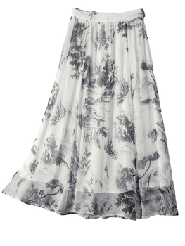 Шелковая юбка Юбка с цветочным узором из шелка тутового дерева 2022 Лето, высокая талия, эластичный пояс, Белая юбка миди, элитный бренд