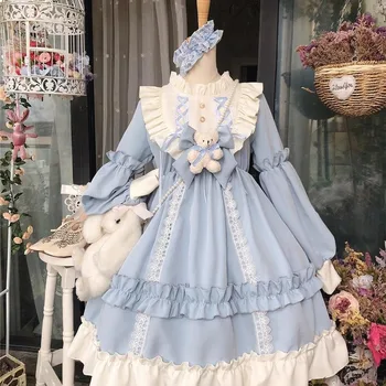 Японское готическое платье в стиле Лолиты, женское кружевное голубое платье с бантом и медведем, платье принцессы с длинным рукавом, костюм на Хэллоуин, подарок для девочек