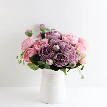 1 ~ 8ШТ 30 см Букет искусственных цветов из розового шелкового пиона, 5 больших головок и 4 бутона, Дешевые искусственные цветы для домашнего свадебного украшения Изображение 2