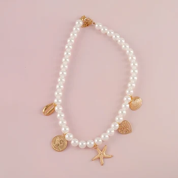 1 шт. ожерелья из цинкового сплава с жемчугом, морской звездой, монетой в виде ракушки, цепочкой на шею и ключицы, подвеской 