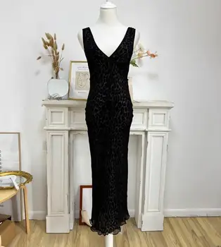 100% Шелк, женское сексуальное платье с леопардовым принтом, глубокий V-образный вырез, без рукавов, Черное двухслойное длинное платье диагонального кроя Изображение 2