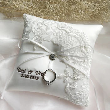 1шт уникальные кольца на предъявителя держатель подушки атласная свадебная подушка с белой вышивкой именное кольцо подушка Изображение 2