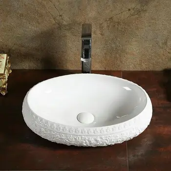 2022 new Lavabo redondo de cerámica para encimera, lavabo artístico de estilo barroco, blanco puro, grabado Изображение 2