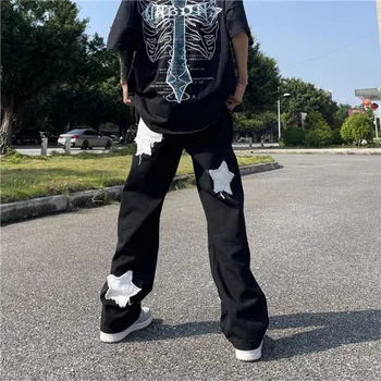 2023 Вышивка звездными буквами, Черные мужские джинсовые брюки в стиле хип-хоп, Новая мода, Прямая уличная одежда, Мешковатые Длинные брюки, Ropa Y2K Hombre Изображение 2