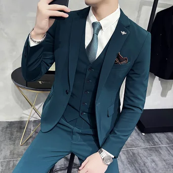 2023 Новый мужской костюм высокого класса (костюм + жилет + брюки), модный универсальный корейский вариант, тонкий маленький костюм, бутик-костюм-тройка Изображение 2
