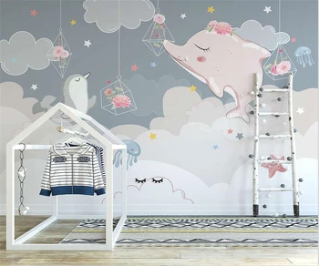 beibehang Customize papel de parede новые скандинавские обои с ручной росписью в романтическом небесно-розовом цвете для детей с мультяшными животными Изображение 2