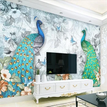 Beibehang Заказал большие обои 3d фрески современный свежий стерео благоприятный павлин цветок бабочка ТВ фон обои Изображение 2