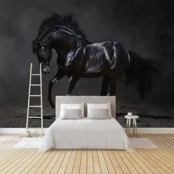 beibehang Фотообои на заказ 3D Черная лошадь Скачет Фреска Голубое небо Обои для гостиной Диван ТВ Фоновое оформление Изображение 2