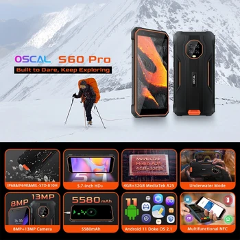 Blackview OSCAL S60 Pro Прочный телефон 4 ГБ 32 ГБ 5,7 дюйма Android 11,0 MTK6762V / WD Восьмиядерный OTG NFC 4G Водонепроницаемый Смартфон Изображение 2