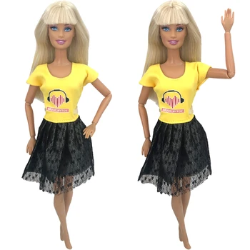 NK, 1 шт, одежда принцессы, Благородное желтое платье с рисунком, Модная Черная кружевная юбка для куклы Барби, Аксессуары, Подарок для девочки-куклы Изображение 2