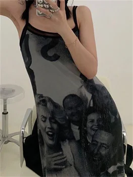 TARUXY Print Винтажное сетчатое универсальное платье с принтом, Женские Сексуальные Макси-платья Y2k на бретельках, Корейский модный комплект из 2 предметов, Прозрачные Vestidos Изображение 2