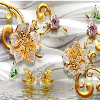 wellyu 3d роскошные золотые украшения цветы ювелирные изделия в европейском стиле ТВ фон стены пользовательские большие фрески зеленые шелковые обои Изображение 2
