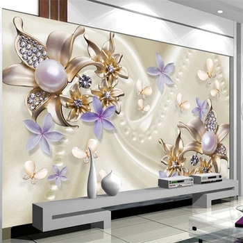 wellyu Индивидуальные большие фрески модное украшение дома жемчуг бриллиантовый цветок бабочка романтический ТВ фон стены Изображение 2
