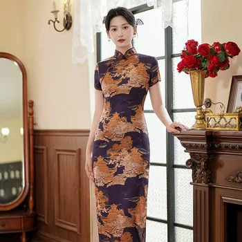 Yourqipao 2023 Летняя длинная юбка Чонсам, атласное платье в китайском стиле, модная одежда для банкетов, выступлений, подиума для женщин Изображение 2