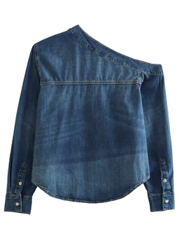 Асимметричная джинсовая рубашка TRAF, женская синяя рубашка на пуговицах, женские рубашки оверсайз и блузки для женщин 2023, топ с длинным рукавом, женский топ Изображение 2