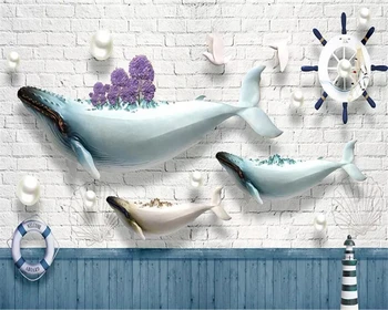 бейбеханг Пользовательские обои 3d фреска ювелирные изделия океан кит маяк морская лодка кирпичная стена Средиземноморский Европейский 3d обои Изображение 2