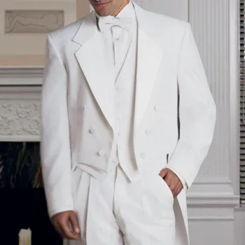 Белый мужской фрак с двубортным свадебным смокингом из 3 предметов для жениха, мужские модные костюмы, куртка, жилет со штанами, Новый Изображение 2