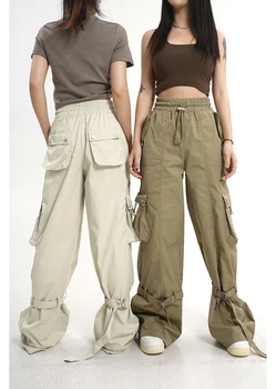 Винтажный комбинезон с несколькими карманами, женская одежда, прямые мешковатые брюки-карго, уличная одежда в стиле хип-хоп, брюки с эластичной резинкой на талии Изображение 2