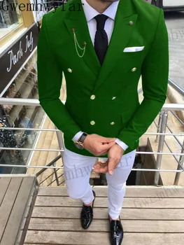 Гвенвифар Двубортный Смокинг, комплект из 2 пиджаков и брюк, вечерний костюм для выпускного вечера, Летние Зеленые Приталенные Мужские костюмы для свадьбы жениха Изображение 2