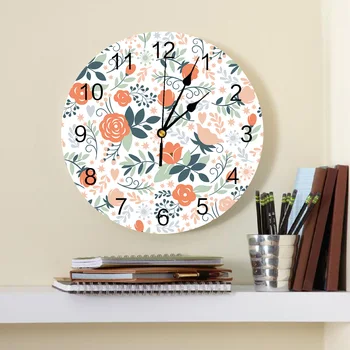 Декоративные круглые настенные часы с цветочными зелеными листьями, дизайн с арабскими цифрами, не тикающие настенные часы большого размера для спальни, ванной комнаты Изображение 2