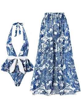 Женская летняя одежда 2023 года, повседневные топы с цветочным принтом, боди и юбка, облегающий костюм для фитнеса, комплекты из двух предметов, 2 шт. Изображение 2