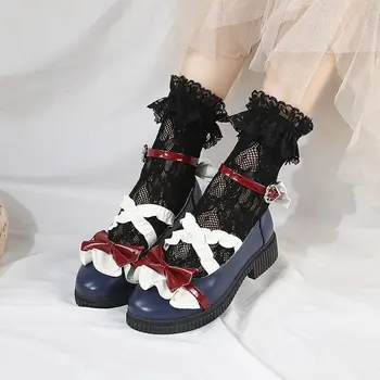 Женская обувь в стиле Лолиты с рюшами и бантом, кожаные туфли с пряжкой в одно слово, темно-белые и красные, французский стиль, круглый носок, квадратный каблук Изображение 2