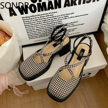 Женские босоножки на высоком каблуке с квадратным носком и S-образным ремешком, летние босоножки, обувь для девочек, криперы в японском стиле харадзюку, Лолита  Изображение 2