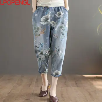Женские летние джинсы-шаровары с цветочным принтом в этническом стиле, новые свободные джинсовые брюки с эластичной резинкой на талии, винтажные брюки длиной до щиколоток 2023 года выпуска Изображение 2