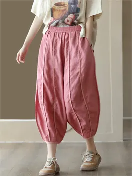 Женские повседневные брюки из простого льна в стиле ретро, новинка 2023, летние осенние брюки с эластичной резинкой на талии длиной до щиколоток Изображение 2