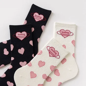 Женские Розовые носки Love Heart, черные, белые, средней длины, милые, студенческие, для девочек, носки JK Lolita, женские Простые модные носки Изображение 2