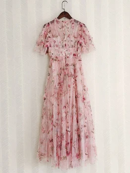 Женское многослойное платье AELESEEN, весна-лето, Подиумная мода, V-образный вырез, Цветочный принт, Розовые 3D-оборки, сетка, Длинное платье принцессы из тюля для вечеринок Изображение 2