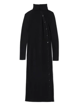 Женское платье, Однотонная отделка, шерстяные пуговицы, Высокий воротник, МИДИ-темперамент, Вязаный пуловер для поездок на работу, Черное платье Изображение 2