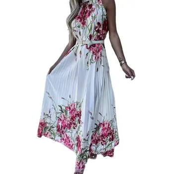 Женское платье с цветочным принтом, свободная талия, короткий вырез, Длинное мешковатое платье, Летнее повседневное платье для пляжного отдыха Изображение 2