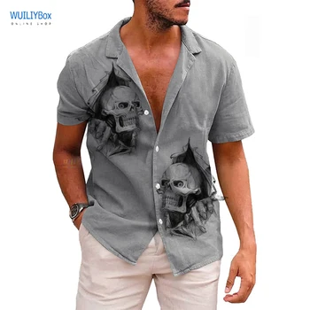 Кнопка мужская рубашка череп шаблон печати 3D скелет графический с коротким рукавом кубинский летние гавайские рубашки пляжные мужские топ вафельное  Изображение 2